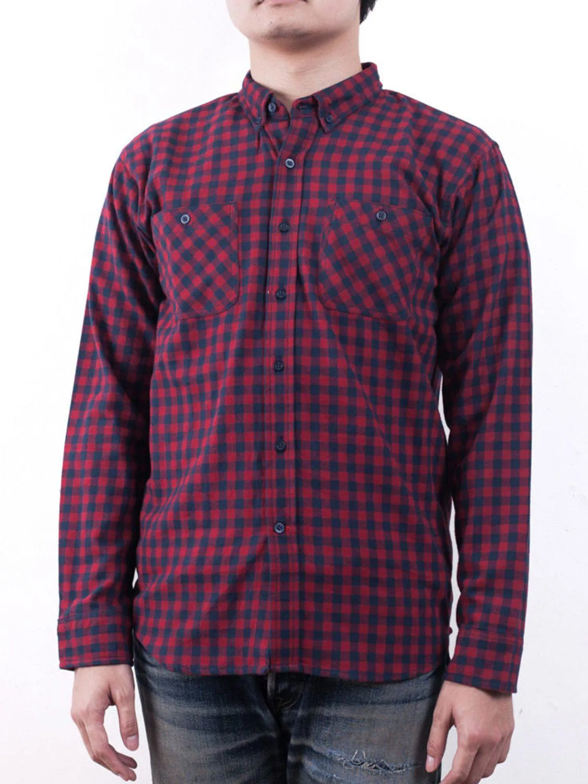 Qutn Button Down Double Pocket LS Red Blue Minicheck Flannel