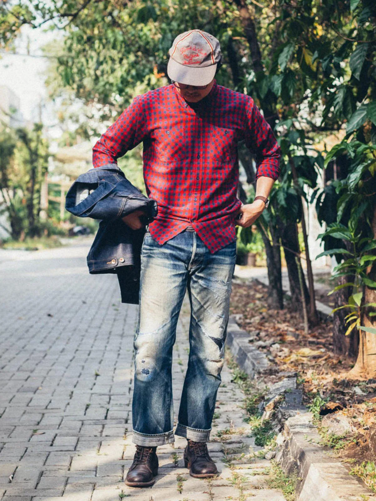 Qutn Button Down Double Pocket LS Red Blue Minicheck Flannel