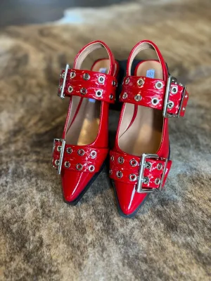 Red buckle mules