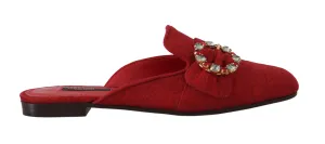Red Jacquard Crystal Floral Mules