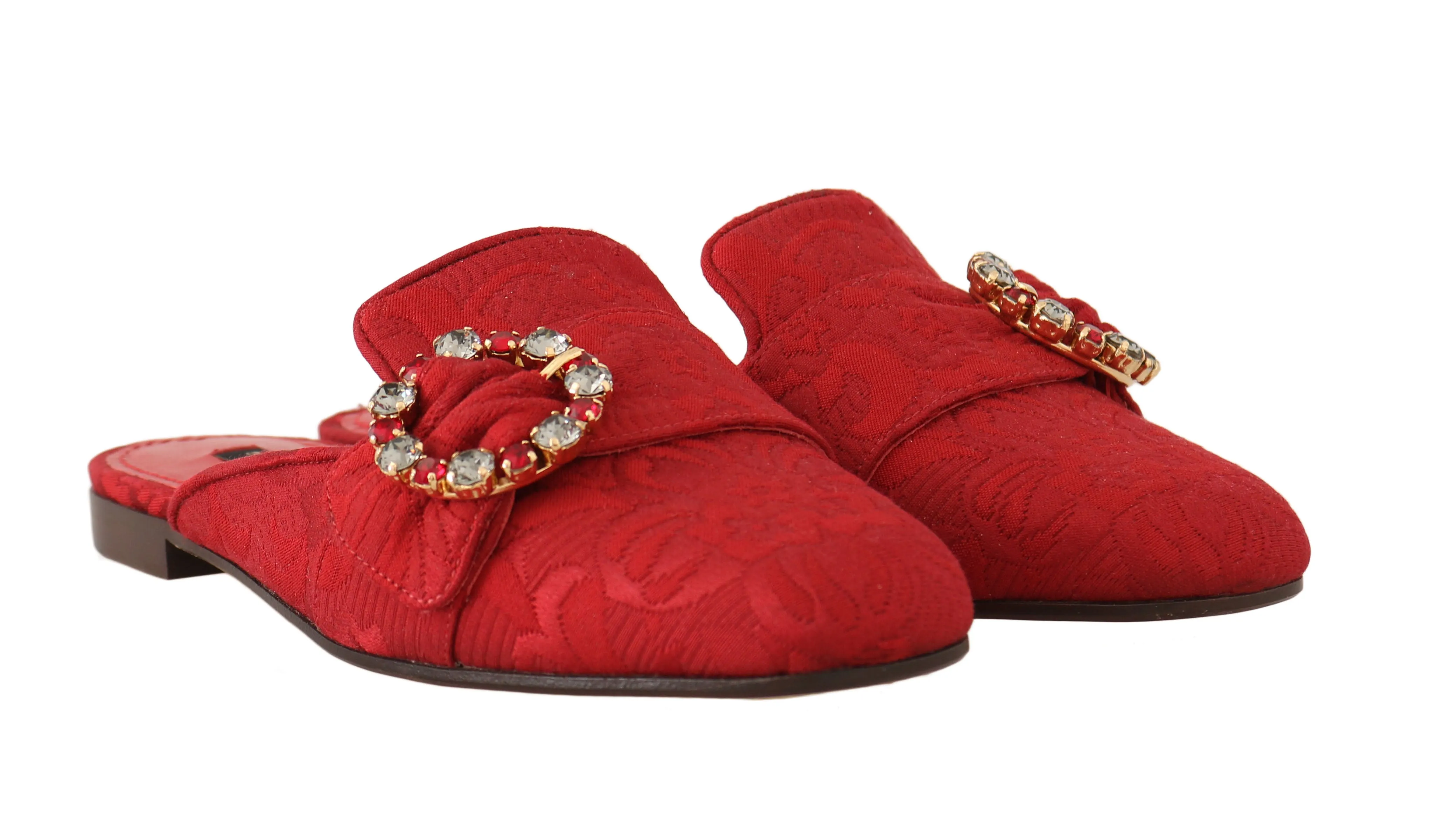 Red Jacquard Crystal Floral Mules