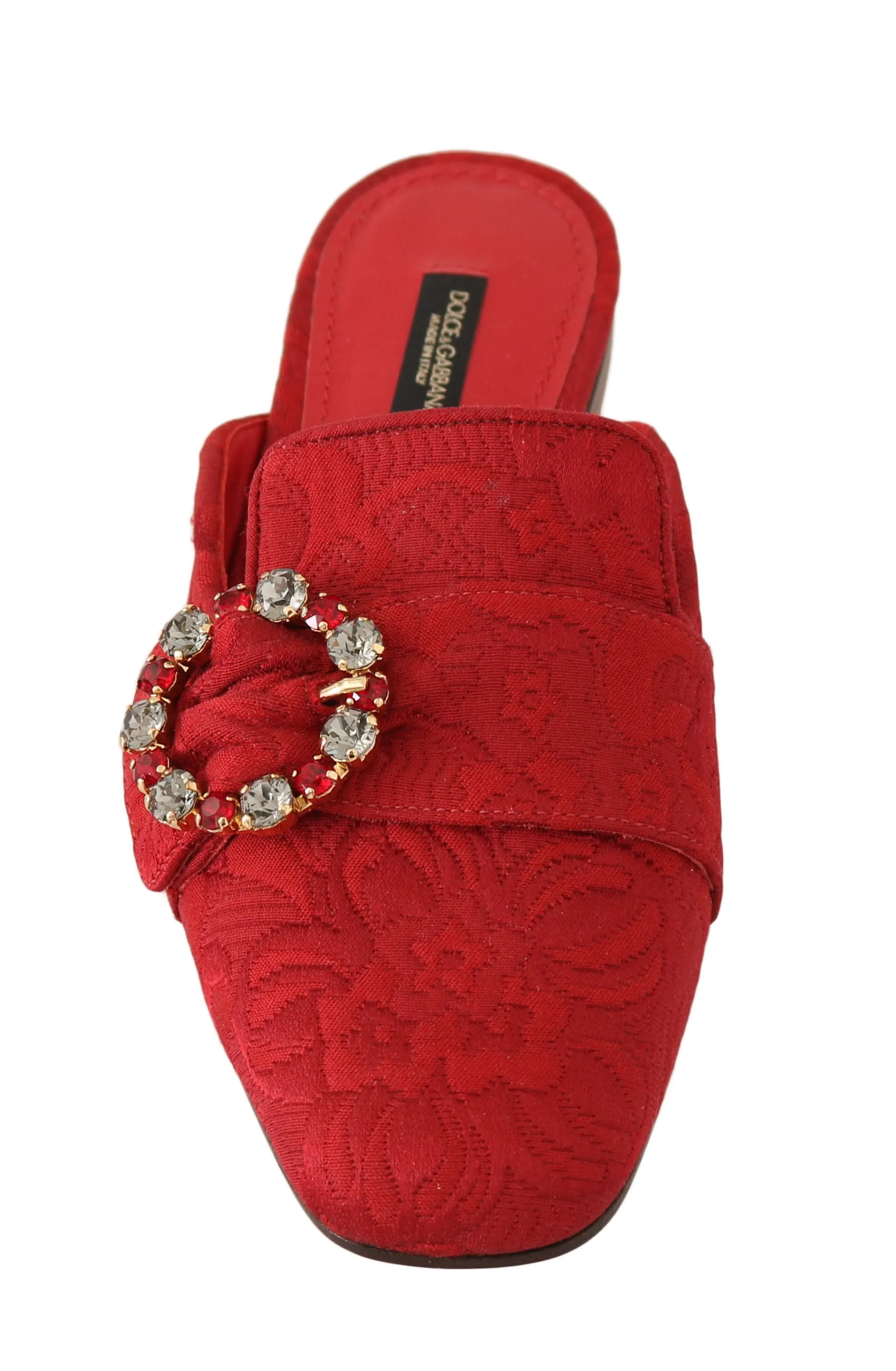 Red Jacquard Crystal Floral Mules