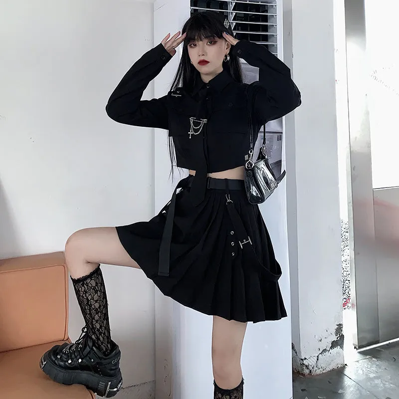 RETRO BLACK LONG-SLEEVED CROP TOP/SKIRT UB2732