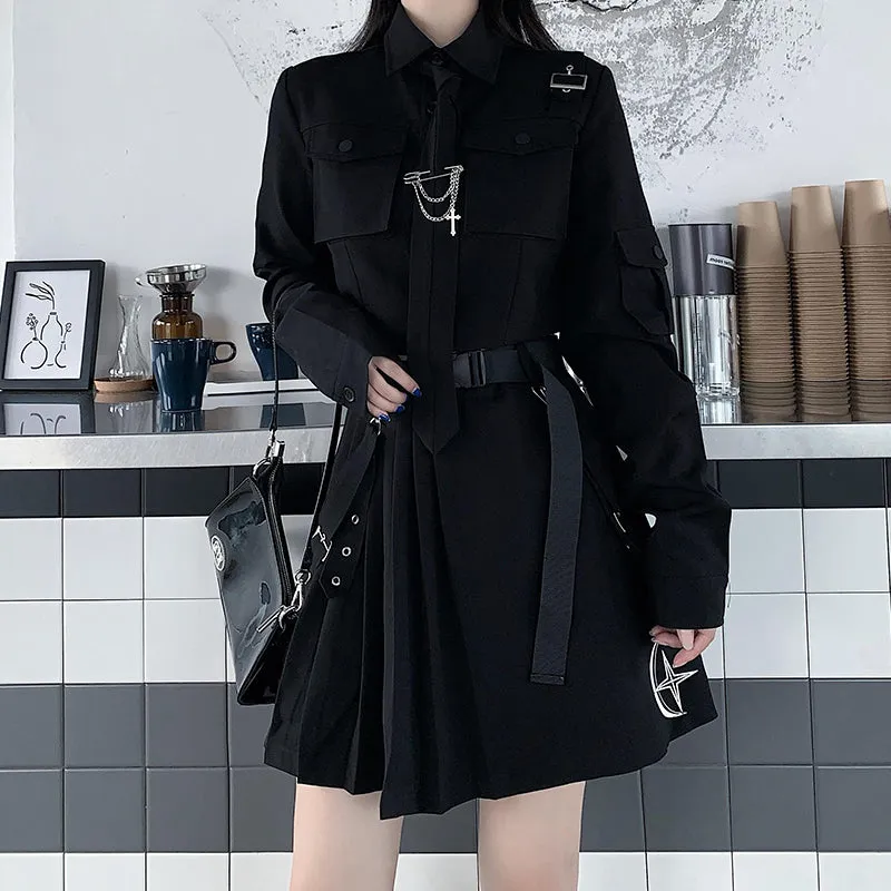RETRO BLACK LONG-SLEEVED CROP TOP/SKIRT UB2732