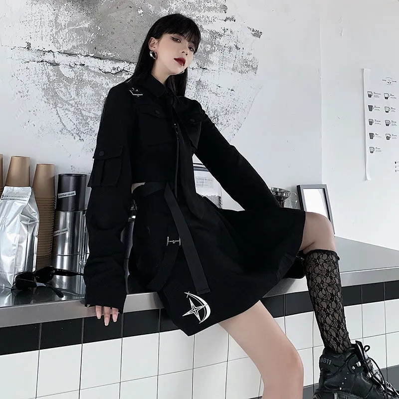 RETRO BLACK LONG-SLEEVED CROP TOP/SKIRT UB2732