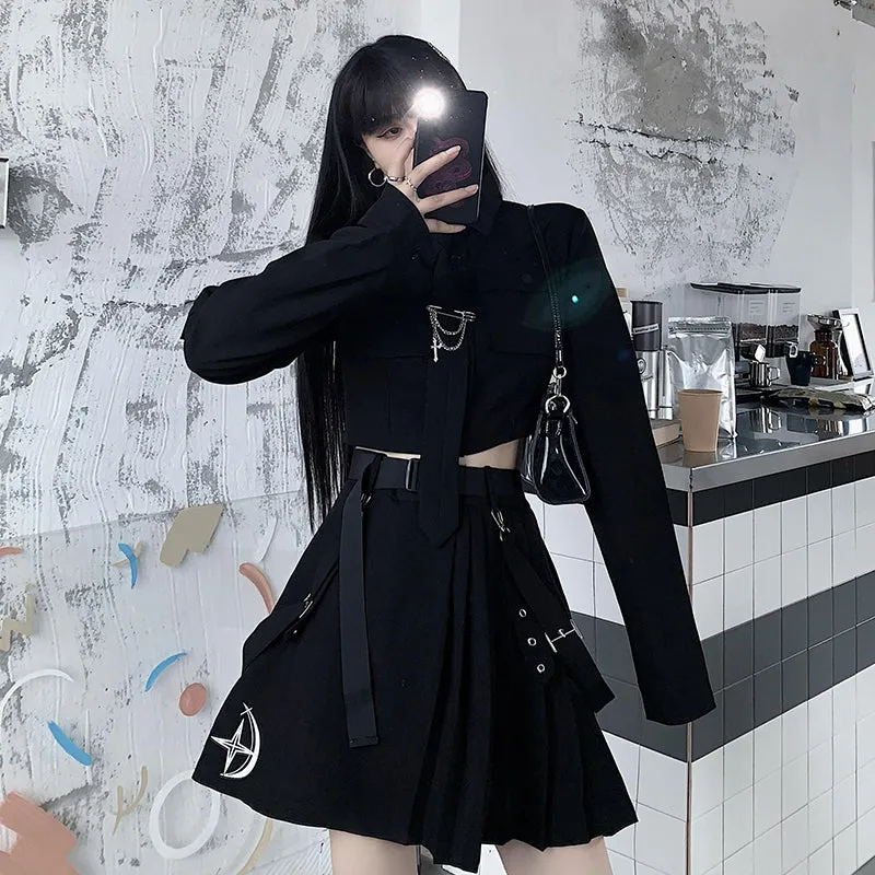 RETRO BLACK LONG-SLEEVED CROP TOP/SKIRT UB2732