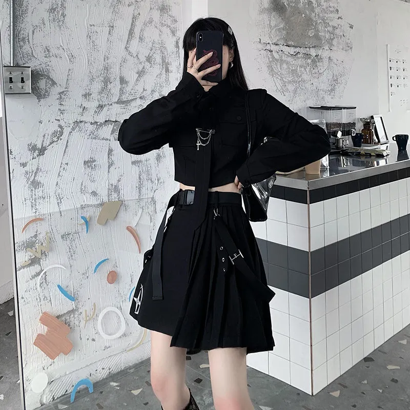 RETRO BLACK LONG-SLEEVED CROP TOP/SKIRT UB2732