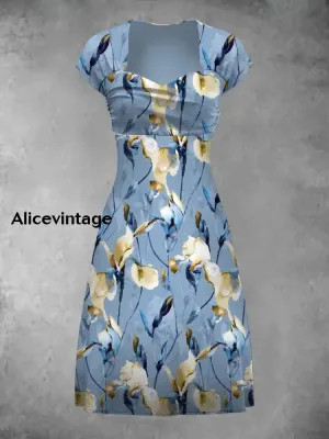 Retro Floral Art Print Short-Sleeved Elegant Dress
