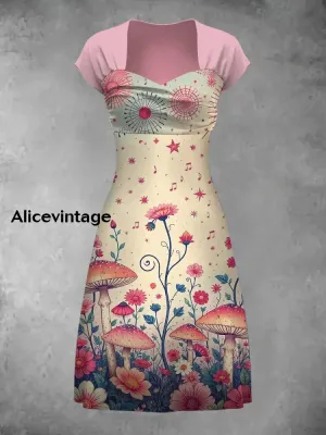 Retro Mushroom Art Print Elegant And Chic Short-Sleeved Dress