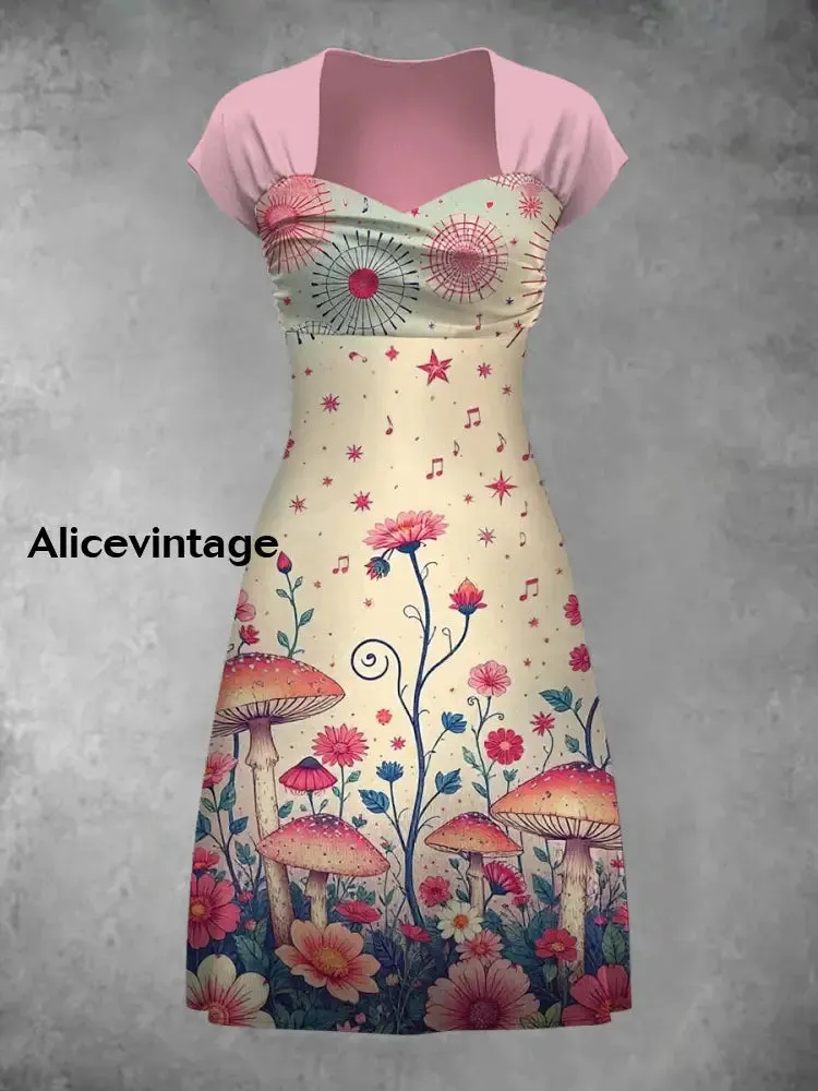 Retro Mushroom Art Print Elegant And Chic Short-Sleeved Dress