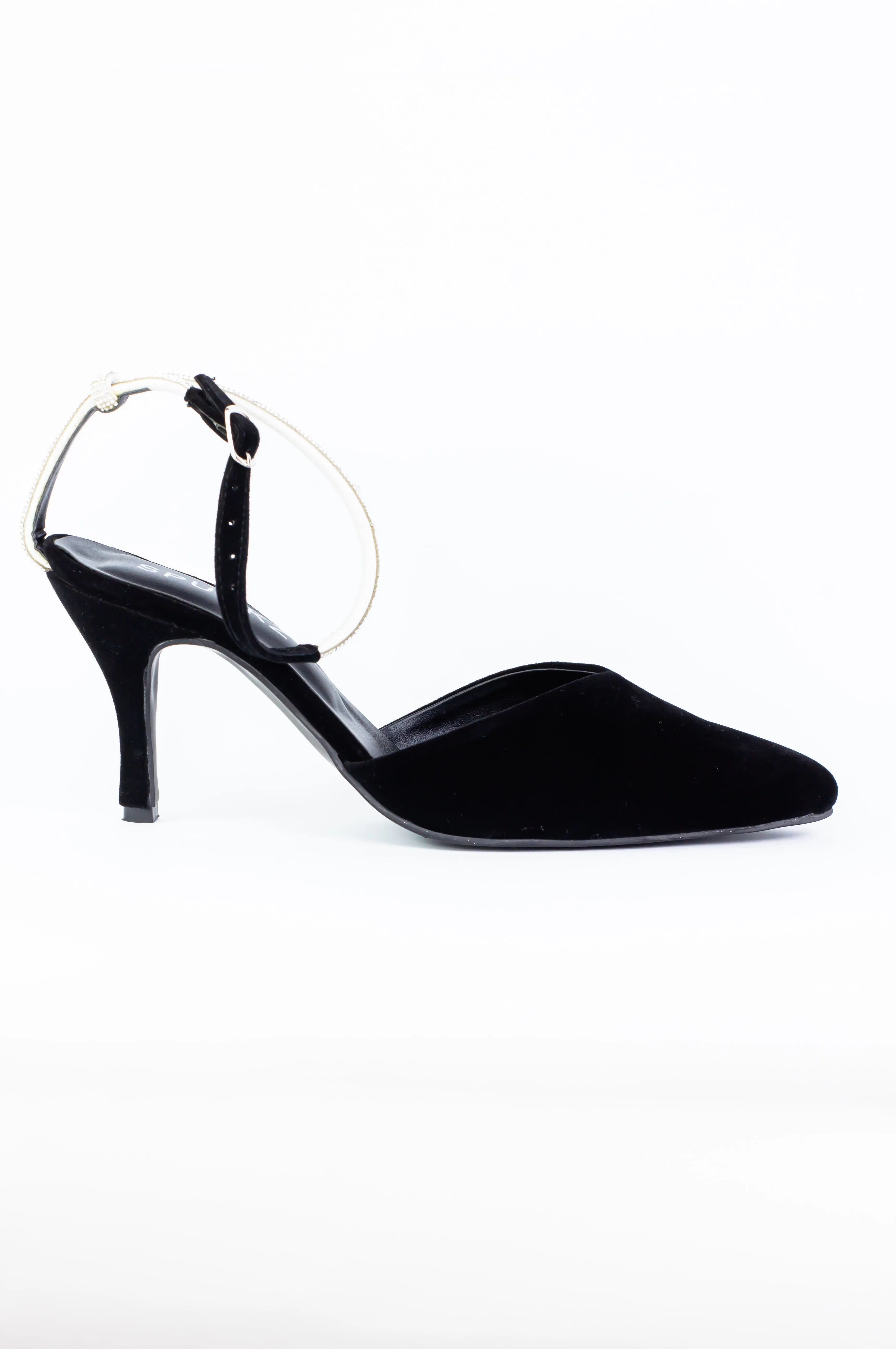 Rihana Black Velvet Rhinestone Ankle Strap Mules-11082