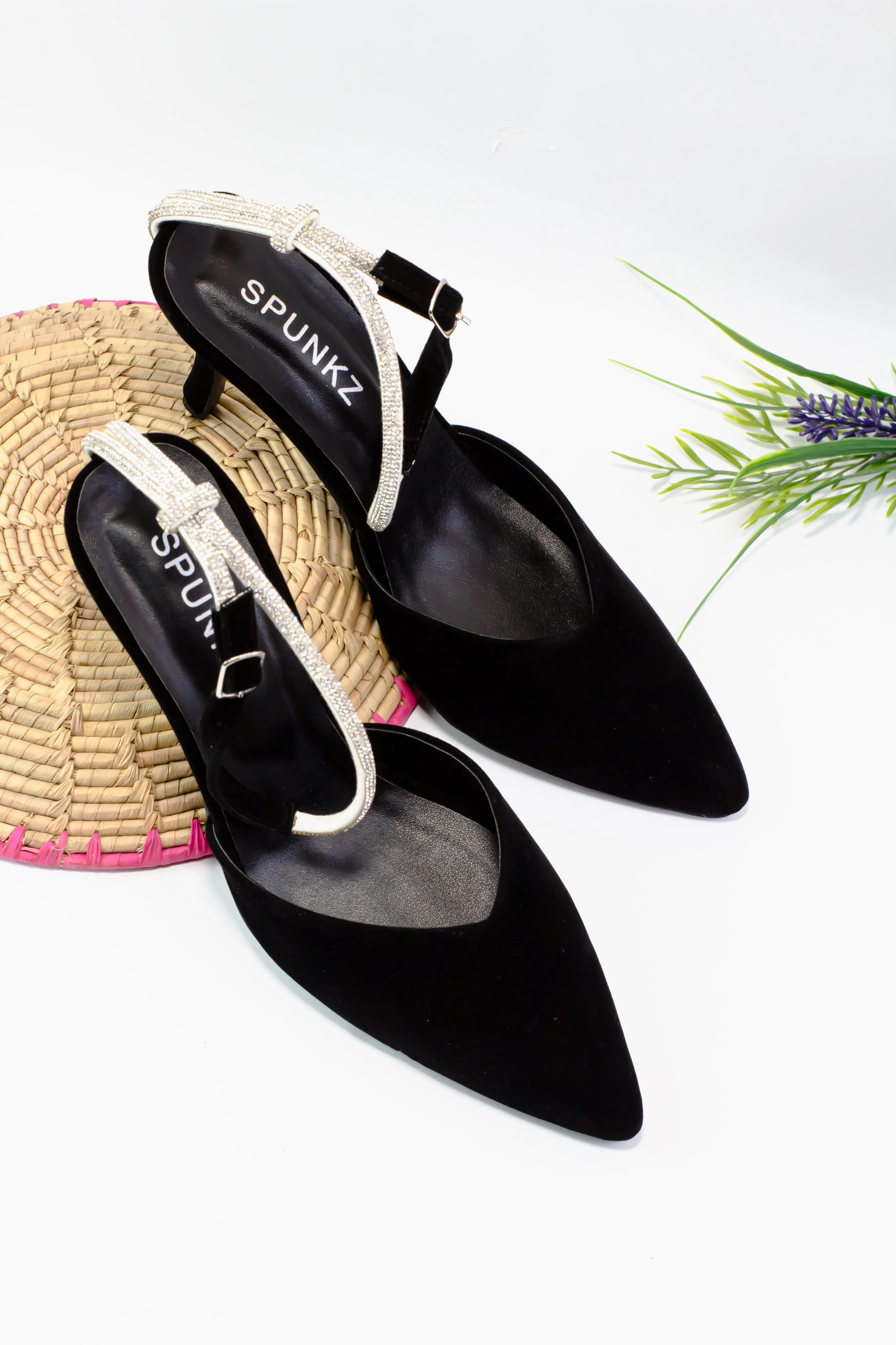 Rihana Black Velvet Rhinestone Ankle Strap Mules-11082