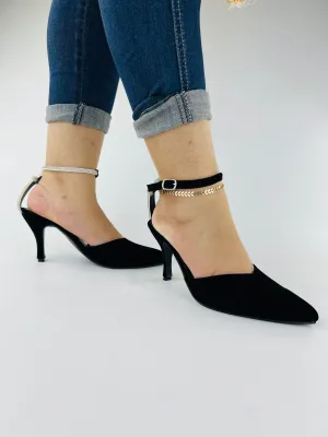 Rihana Black Velvet Rhinestone Ankle Strap Mules-11082