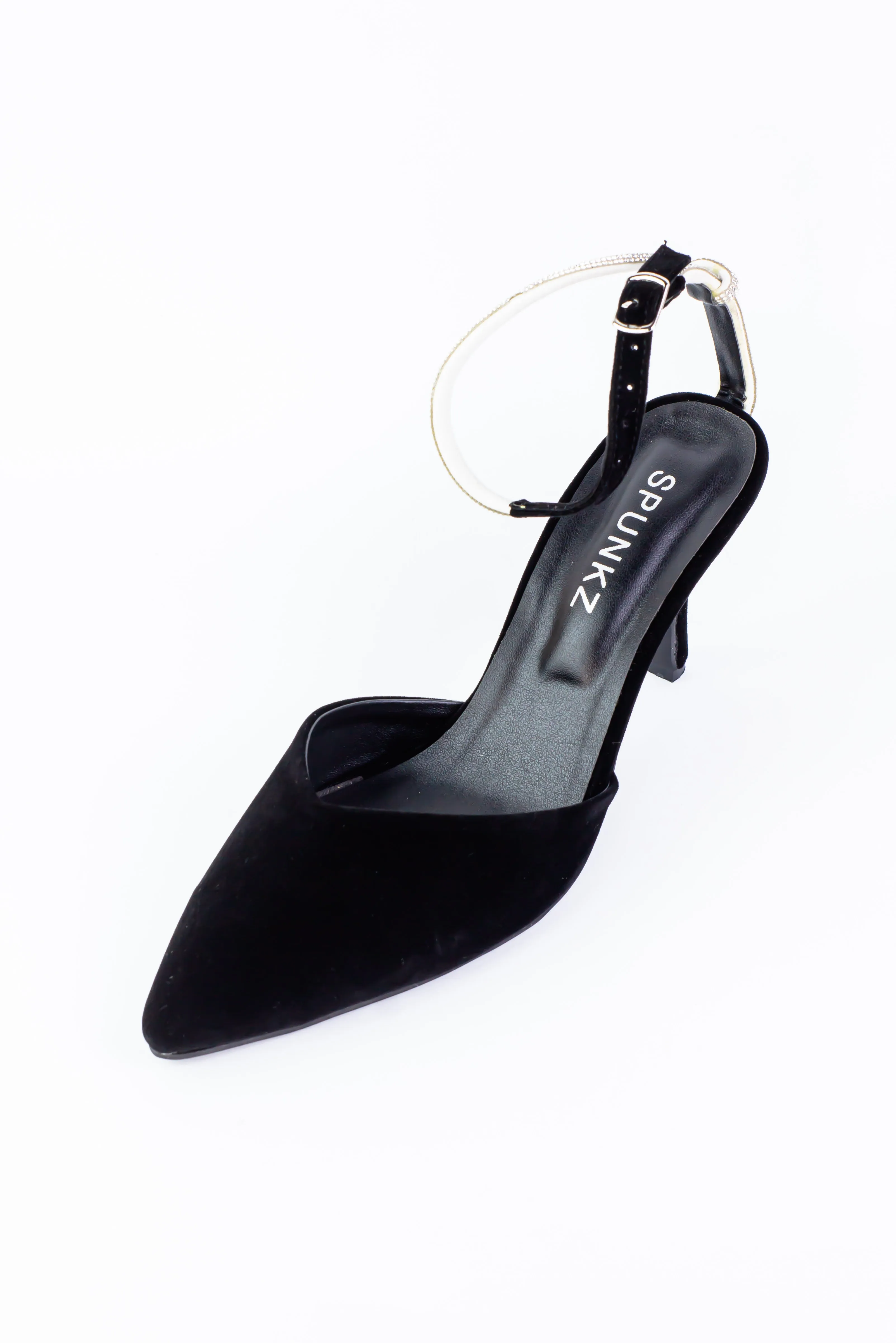 Rihana Black Velvet Rhinestone Ankle Strap Mules-11082