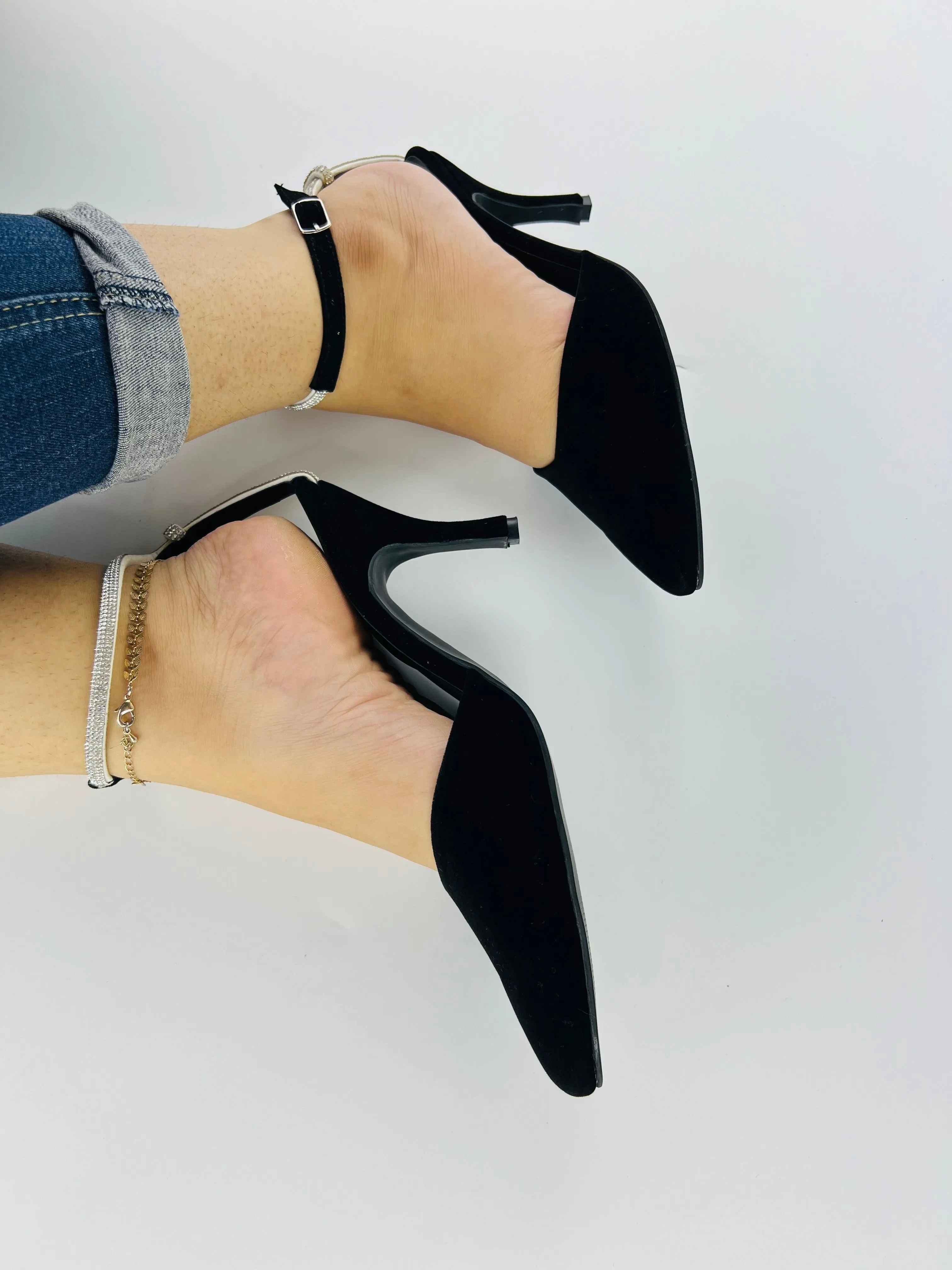 Rihana Black Velvet Rhinestone Ankle Strap Mules-11082