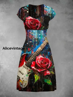 Rose Guitar Art Print Short Sleeve Vintage Elegant Midi Dress