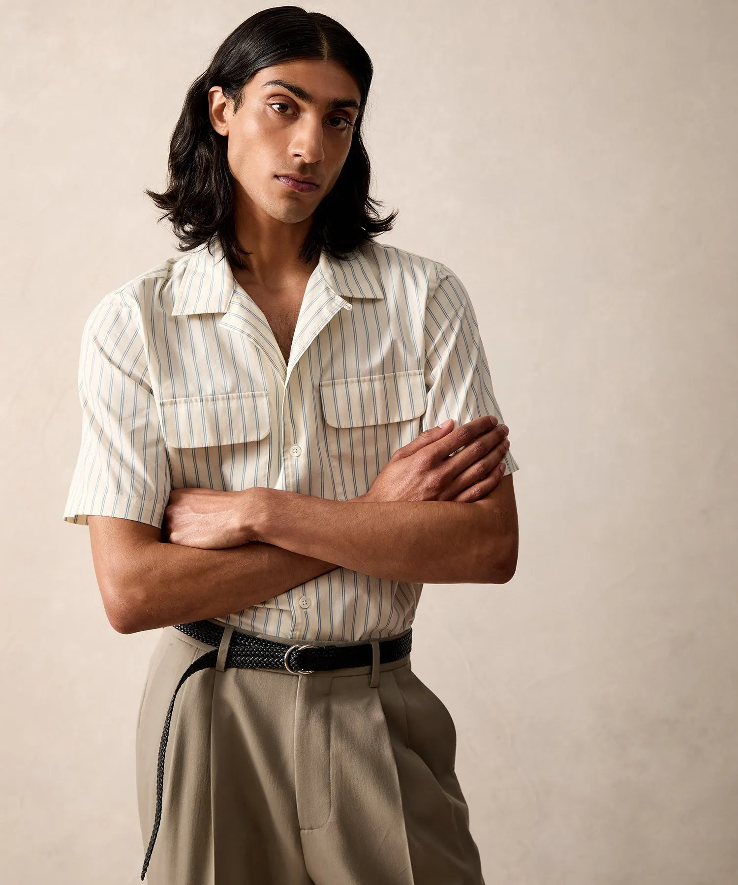 Short-Sleeve Striped Pocket Shirt in White
