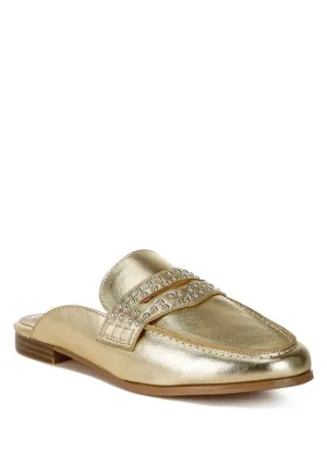 Size US 10 Gold Stud Detail Metallic Pleather Mules