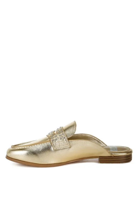 Size US 10 Gold Stud Detail Metallic Pleather Mules