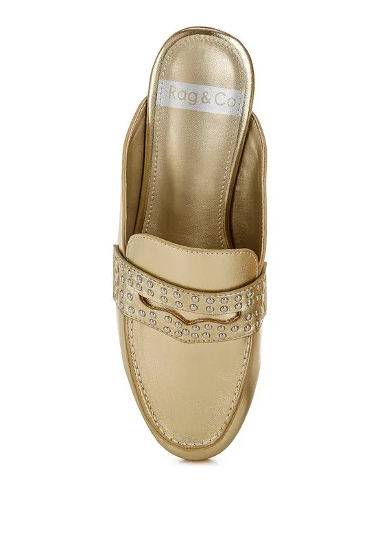 Size US 10 Gold Stud Detail Metallic Pleather Mules