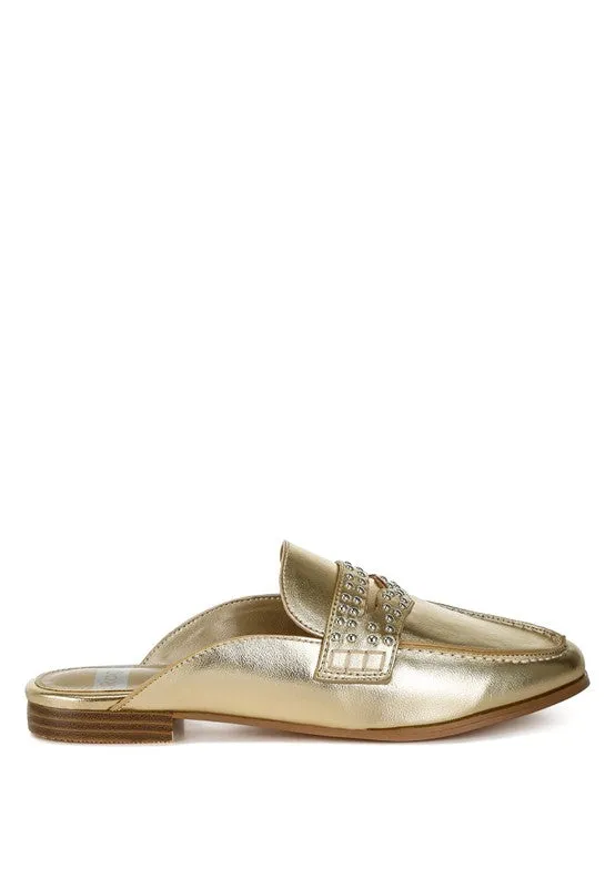 Size US 10 Gold Stud Detail Metallic Pleather Mules