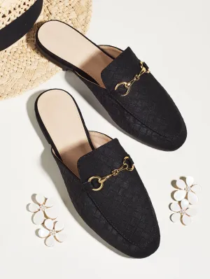 Snaffle Decor Woven Pattern Loafer Mules - Black - FD ⚡