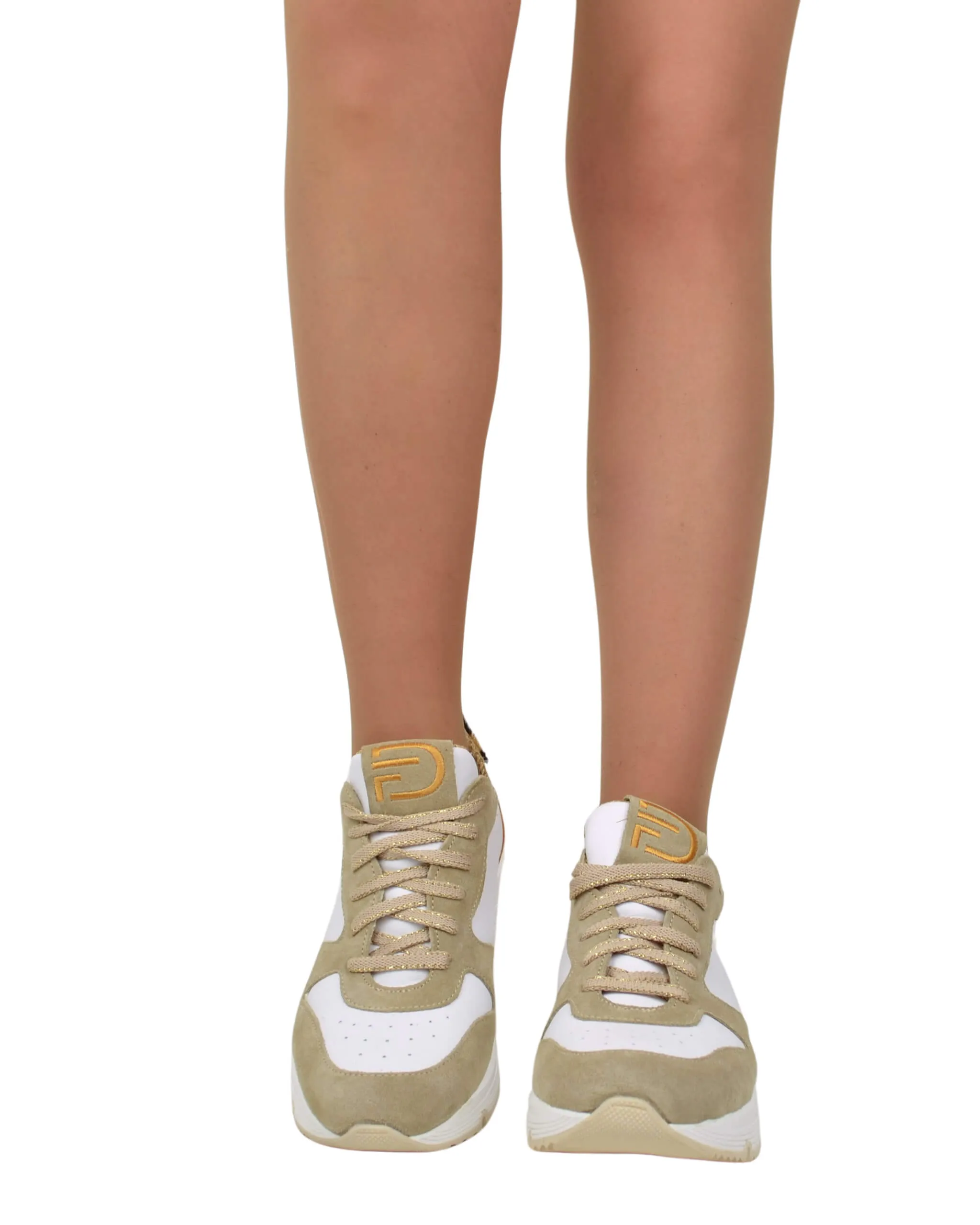 Sneakers Bianche e Beige Donna con Pelle Scamosciata animalier