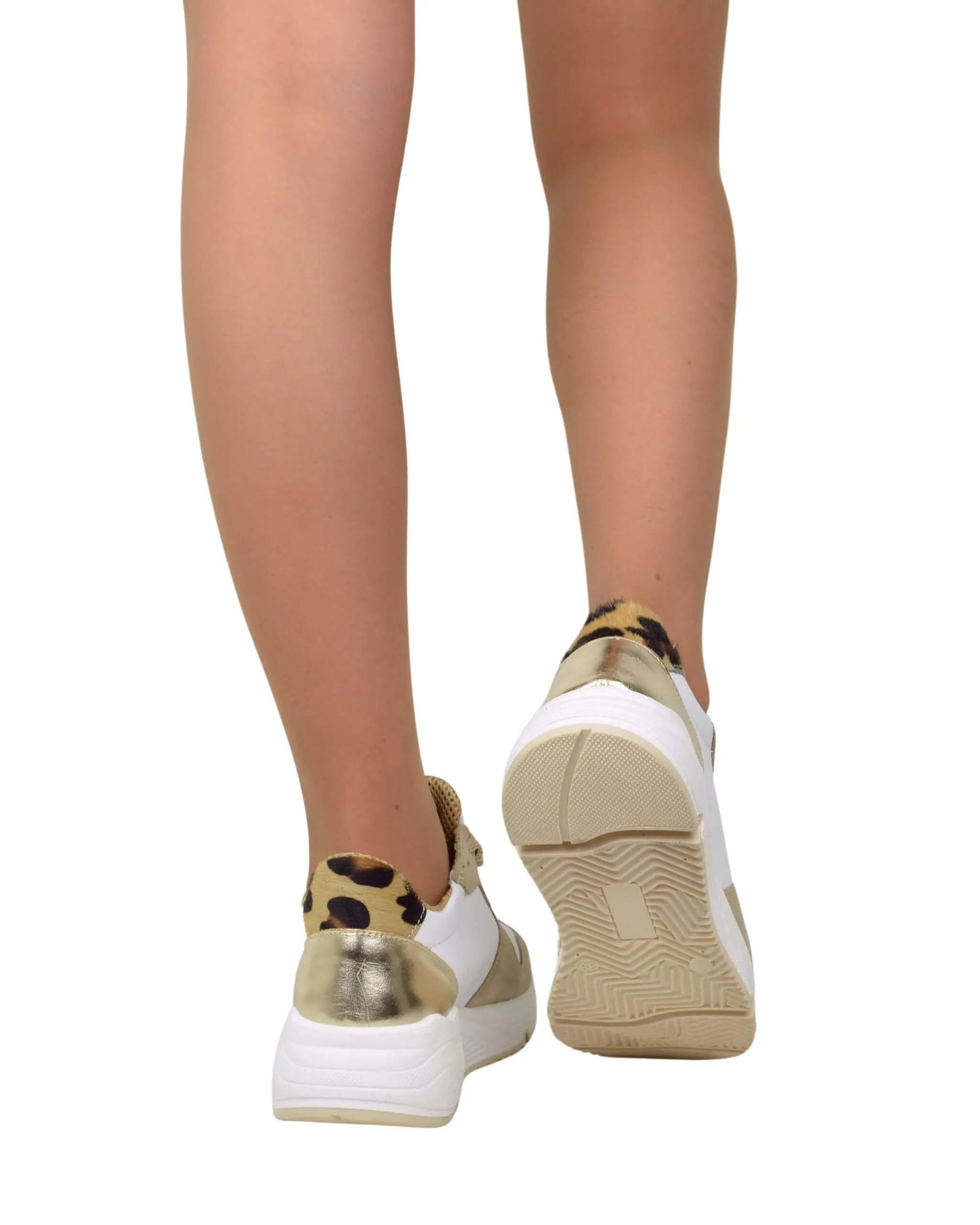 Sneakers Bianche e Beige Donna con Pelle Scamosciata animalier