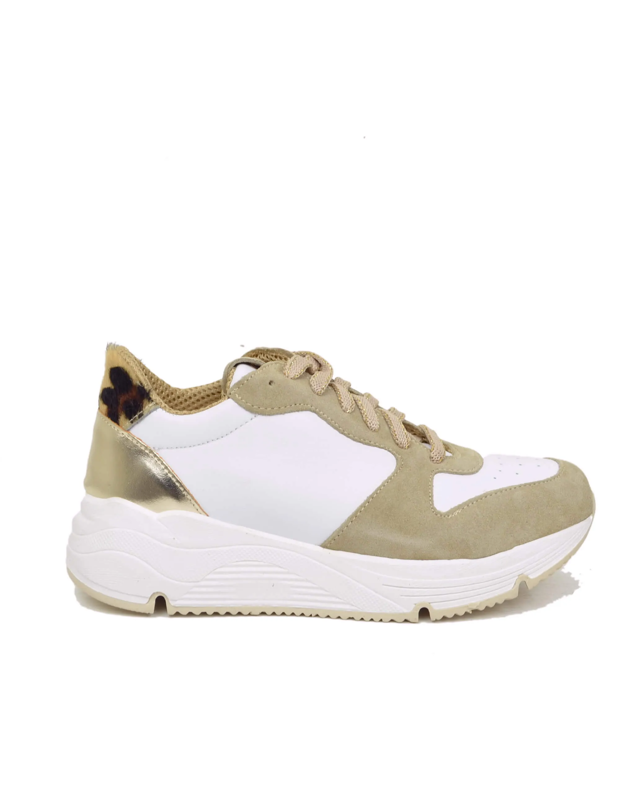 Sneakers Bianche e Beige Donna con Pelle Scamosciata animalier