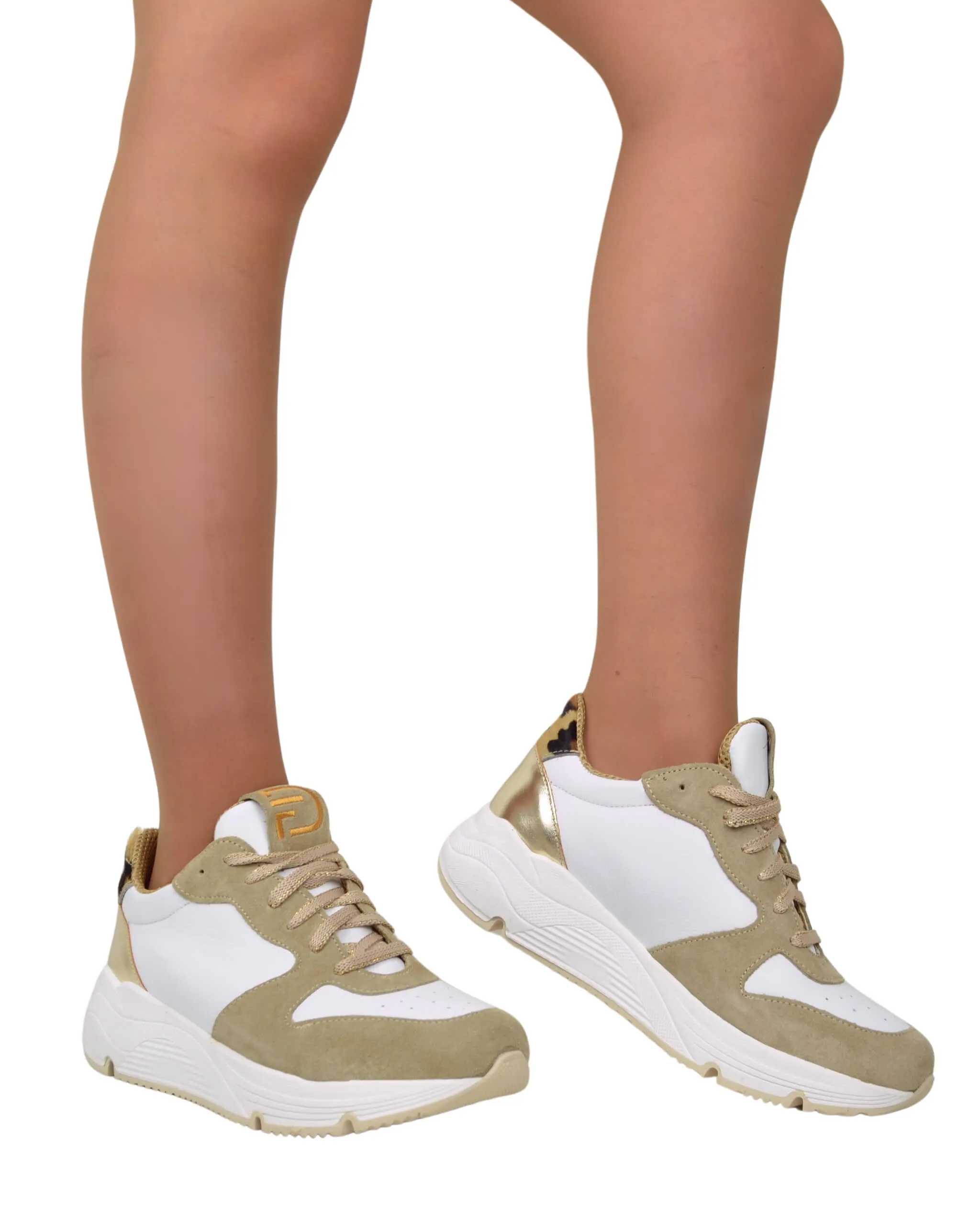 Sneakers Bianche e Beige Donna con Pelle Scamosciata animalier