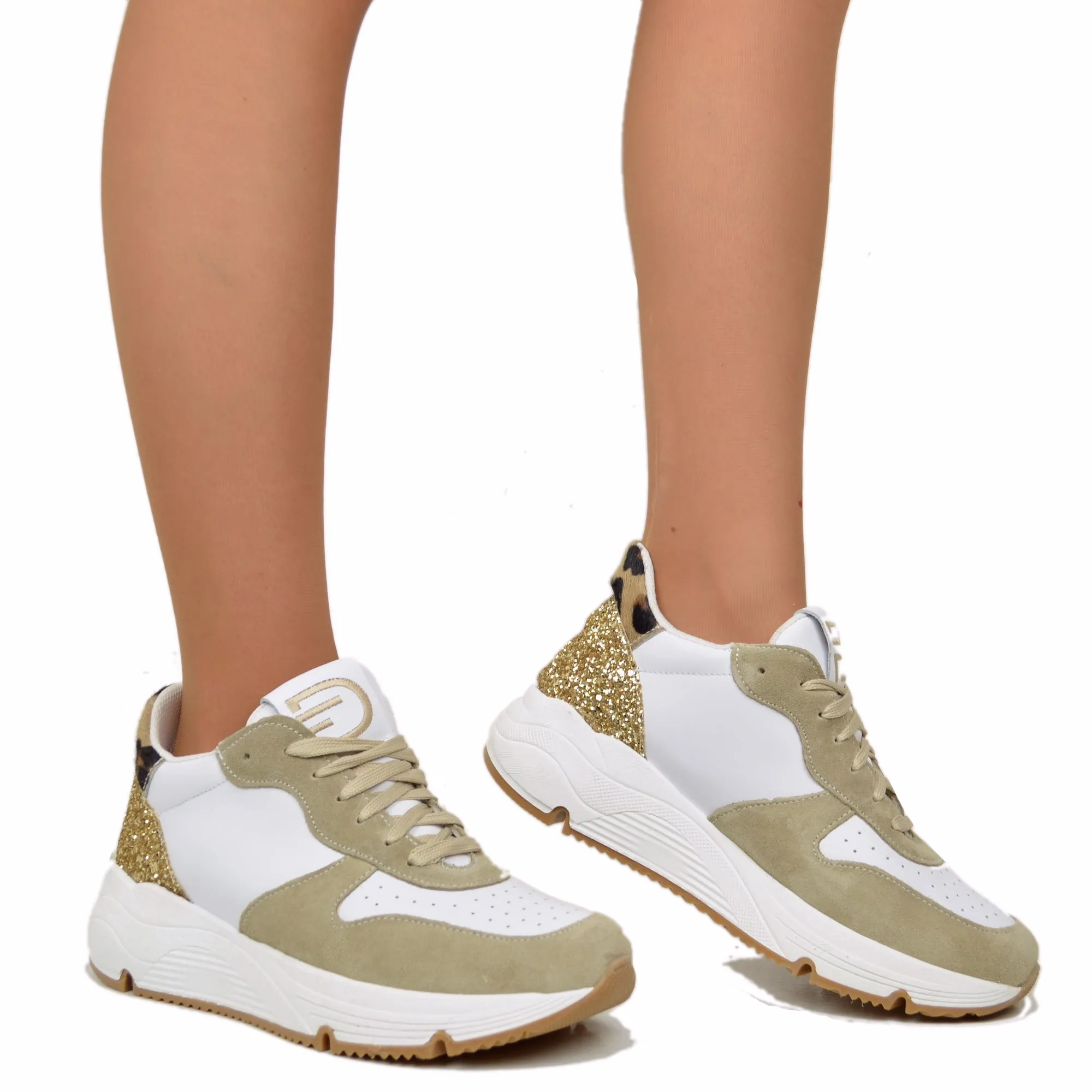 Sneakers Donna con Glitter Pelle Scamosciata animalier
