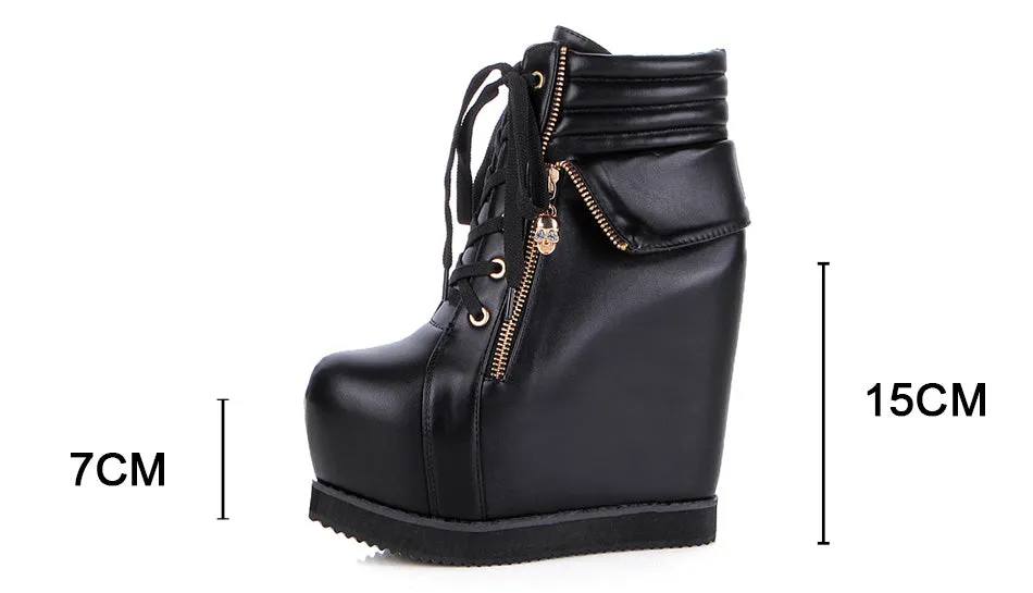 Spring Autumn Women Shoes Round Toe Wedges High Heels Ankle Boots Thick Platform Metal Skull Fashion Ladies Short Boots