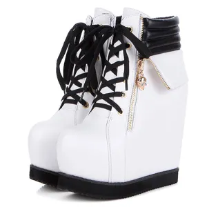 Spring Autumn Women Shoes Round Toe Wedges High Heels Ankle Boots Thick Platform Metal Skull Fashion Ladies Short Boots