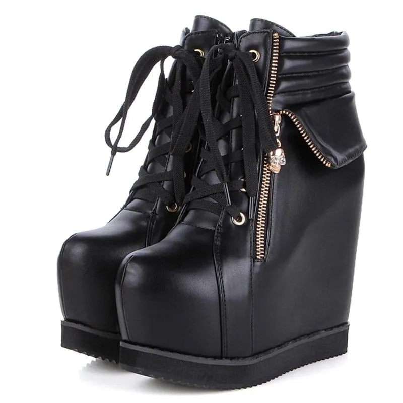 Spring Autumn Women Shoes Round Toe Wedges High Heels Ankle Boots Thick Platform Metal Skull Fashion Ladies Short Boots