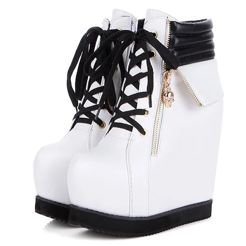 Spring Autumn Women Shoes Round Toe Wedges High Heels Ankle Boots Thick Platform Metal Skull Fashion Ladies Short Boots