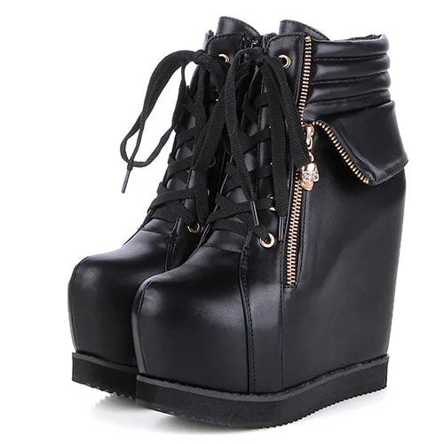 Spring Autumn Women Shoes Round Toe Wedges High Heels Ankle Boots Thick Platform Metal Skull Fashion Ladies Short Boots