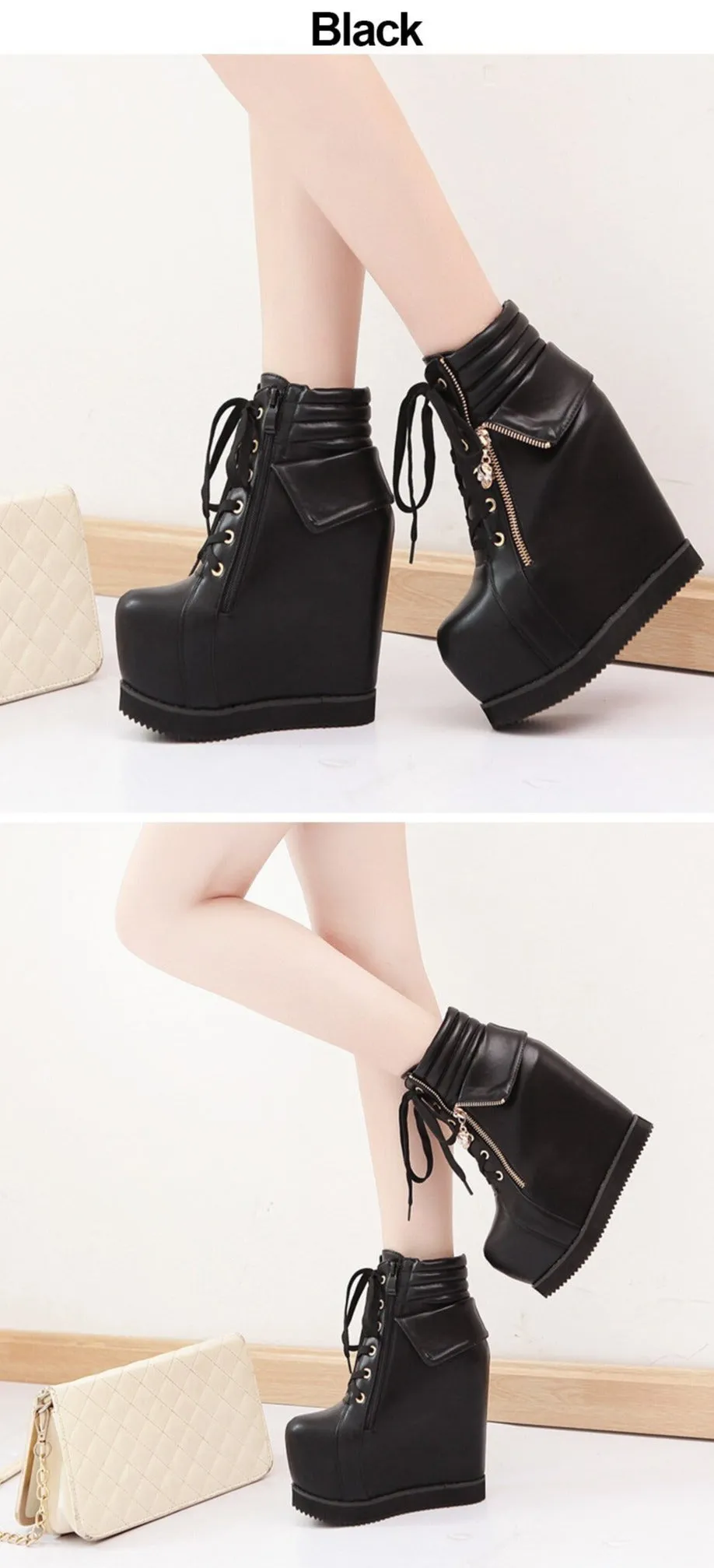 Spring Autumn Women Shoes Round Toe Wedges High Heels Ankle Boots Thick Platform Metal Skull Fashion Ladies Short Boots