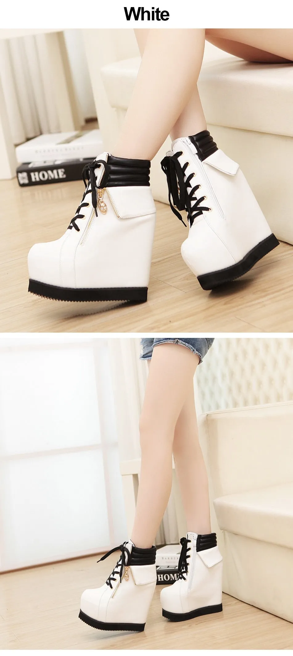 Spring Autumn Women Shoes Round Toe Wedges High Heels Ankle Boots Thick Platform Metal Skull Fashion Ladies Short Boots