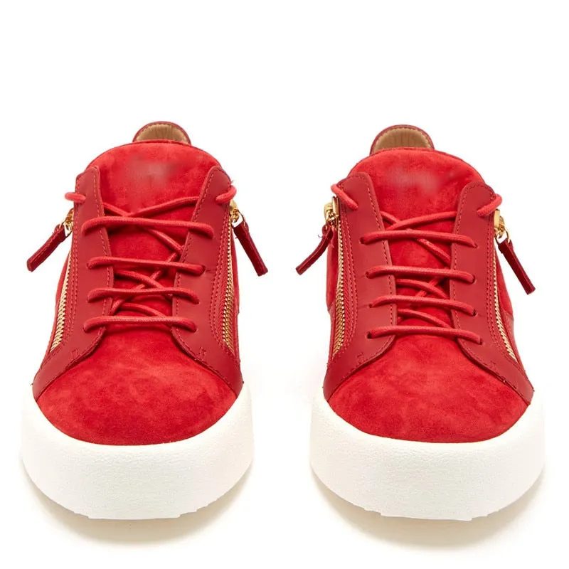 Spring Red Leather and Suede Patchwork Men's Casual Shoes Metal Stud Lace Up Breathable Low top Shoes Male Fashion Sneakers