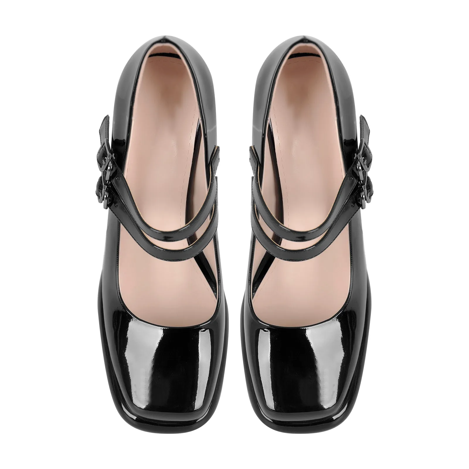 Square Toe Mary Jane Buckle Strap Chunky Heel Pumps