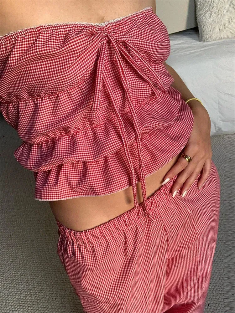 Strapless Plaid Ruched Backless Tube Crop Top
