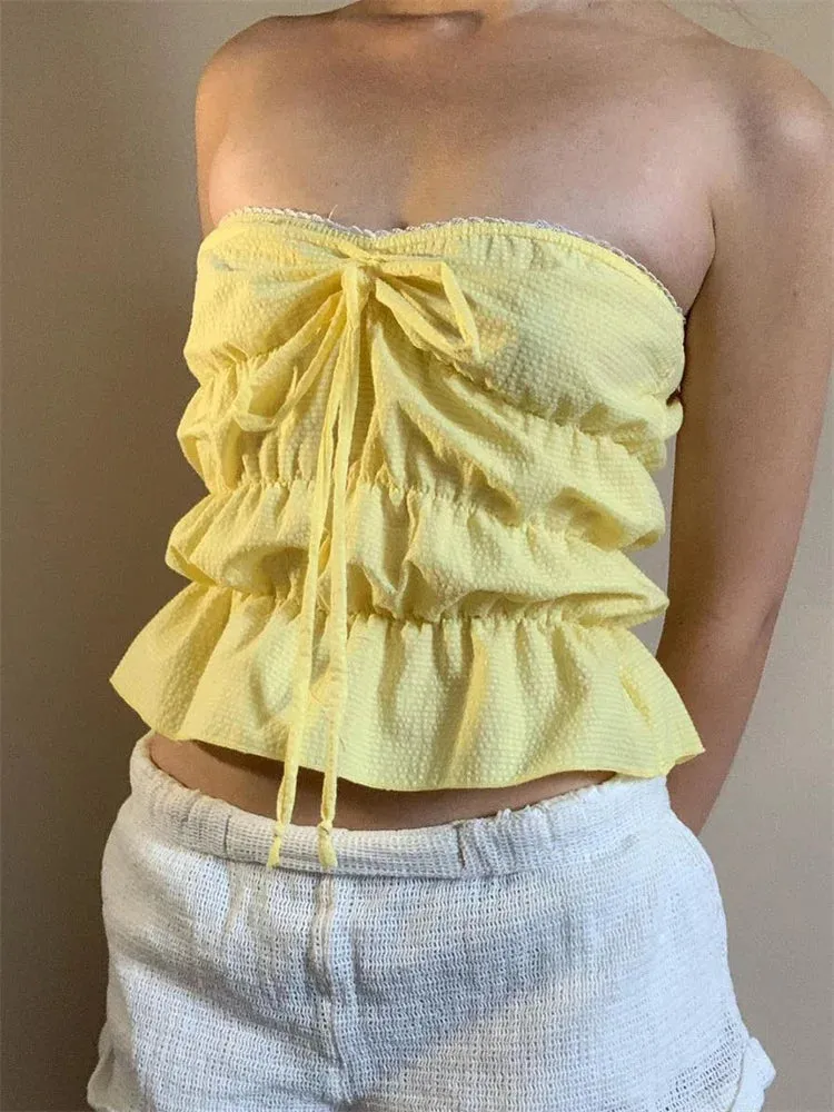 Strapless Plaid Ruched Backless Tube Crop Top
