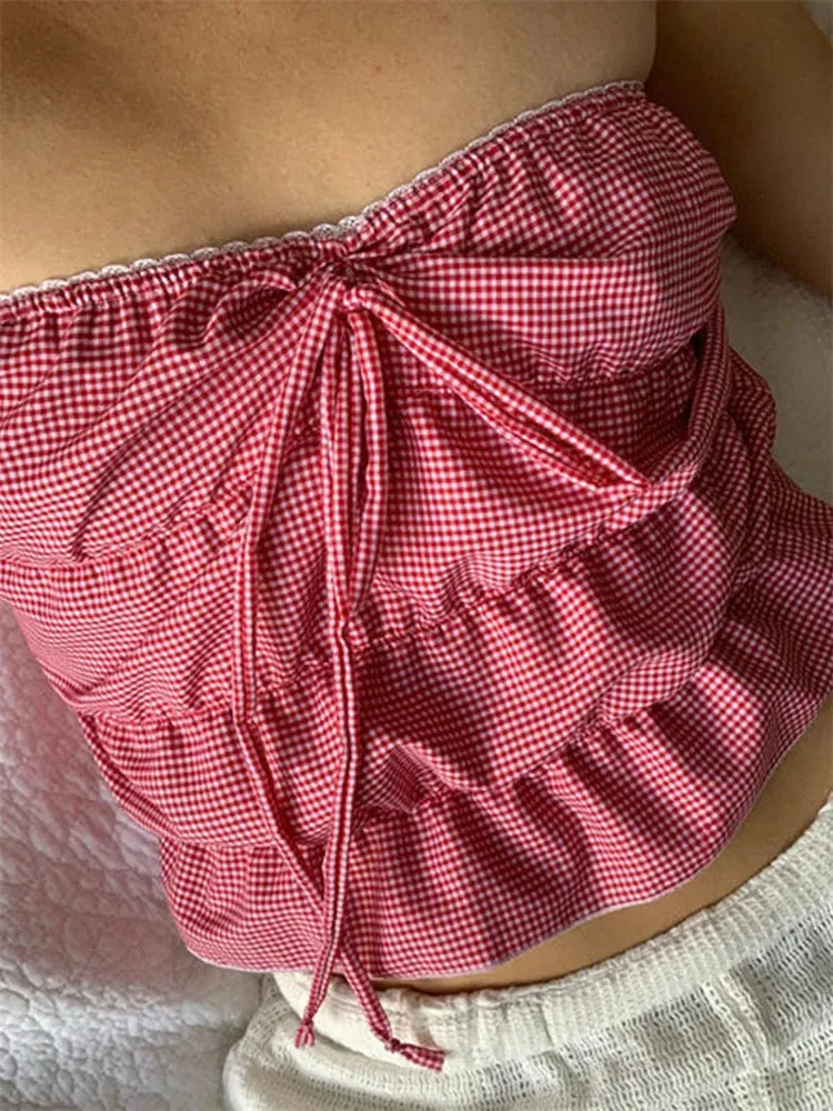 Strapless Plaid Ruched Backless Tube Crop Top