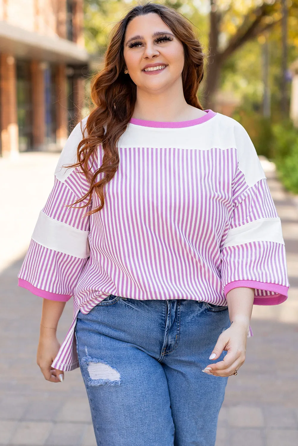 Stripe Bracelet Sleeve Plus Size T Shirt