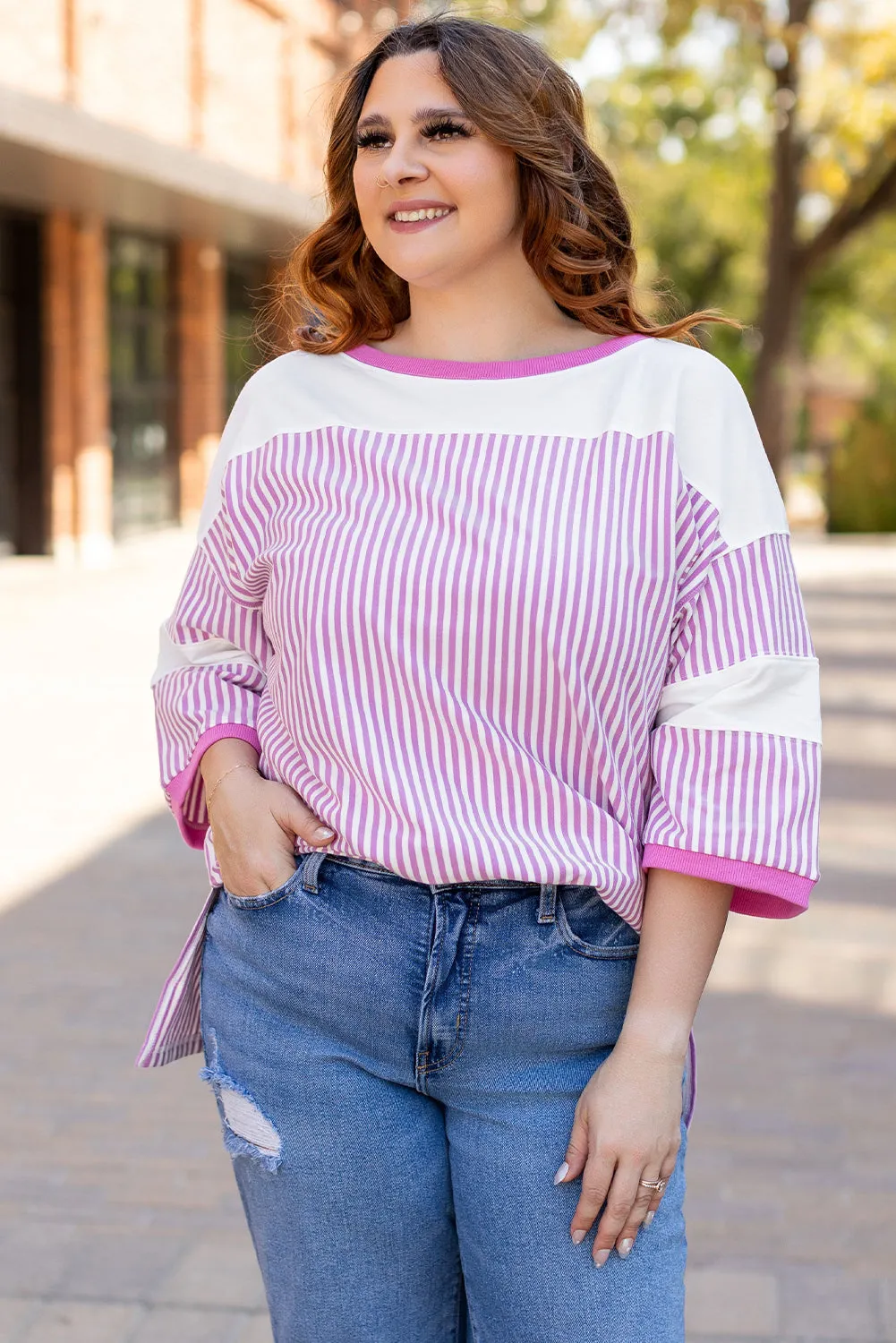 Stripe Bracelet Sleeve Plus Size T Shirt