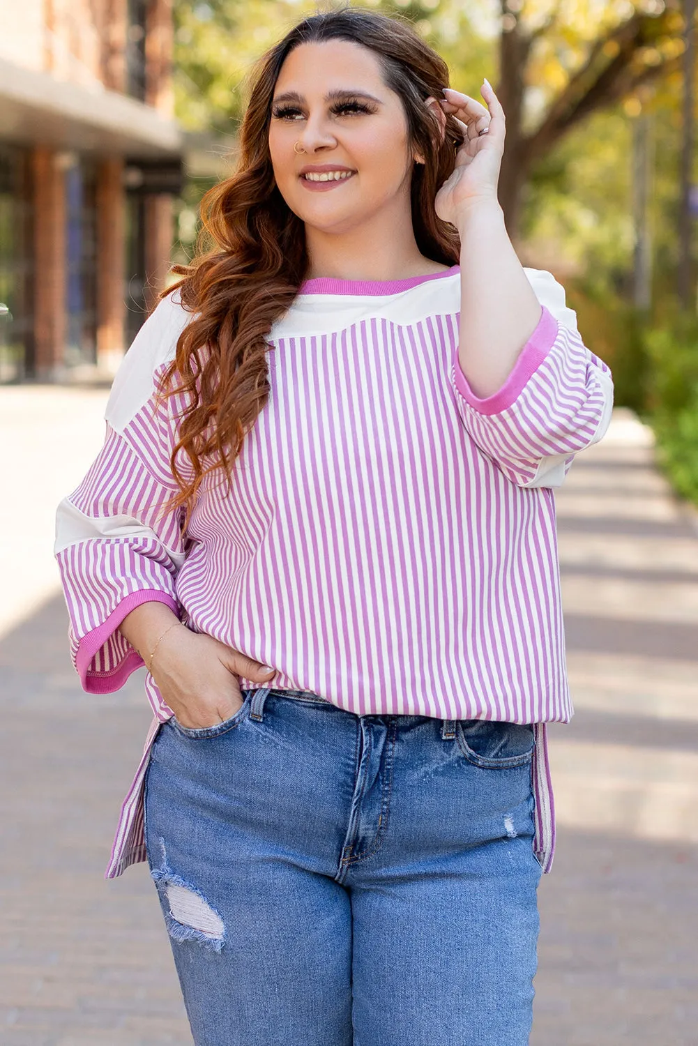 Stripe Bracelet Sleeve Plus Size T Shirt
