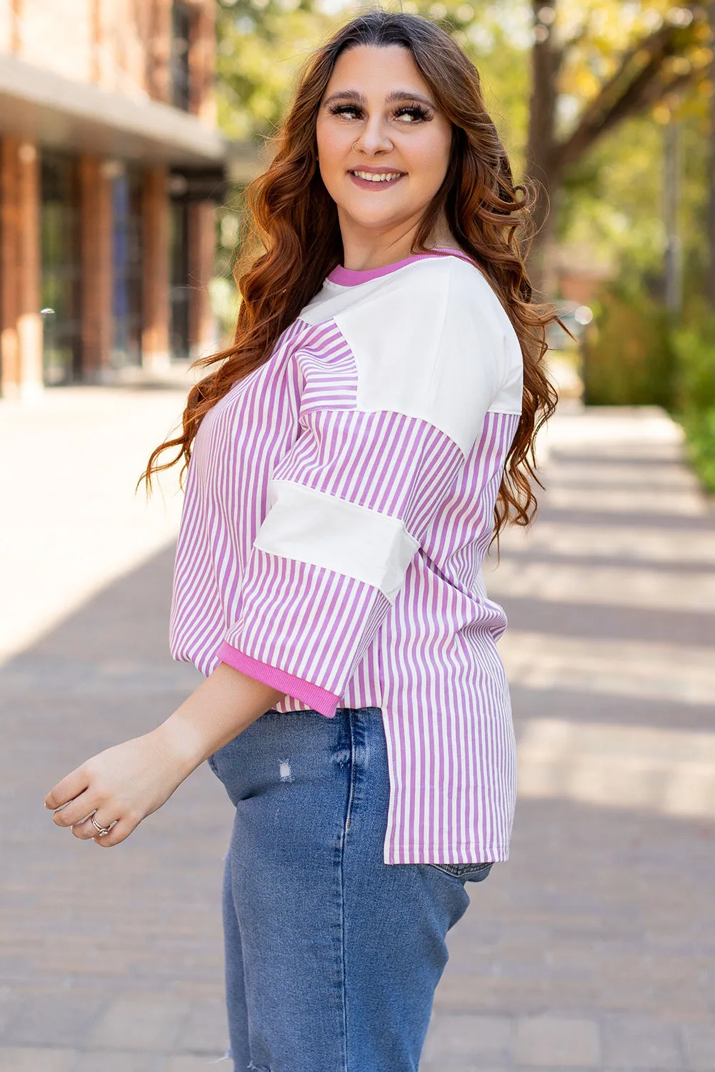 Stripe Bracelet Sleeve Plus Size T Shirt