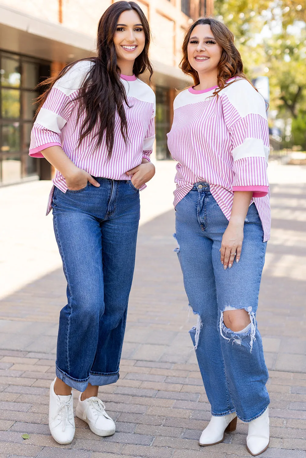 Stripe Bracelet Sleeve Plus Size T Shirt