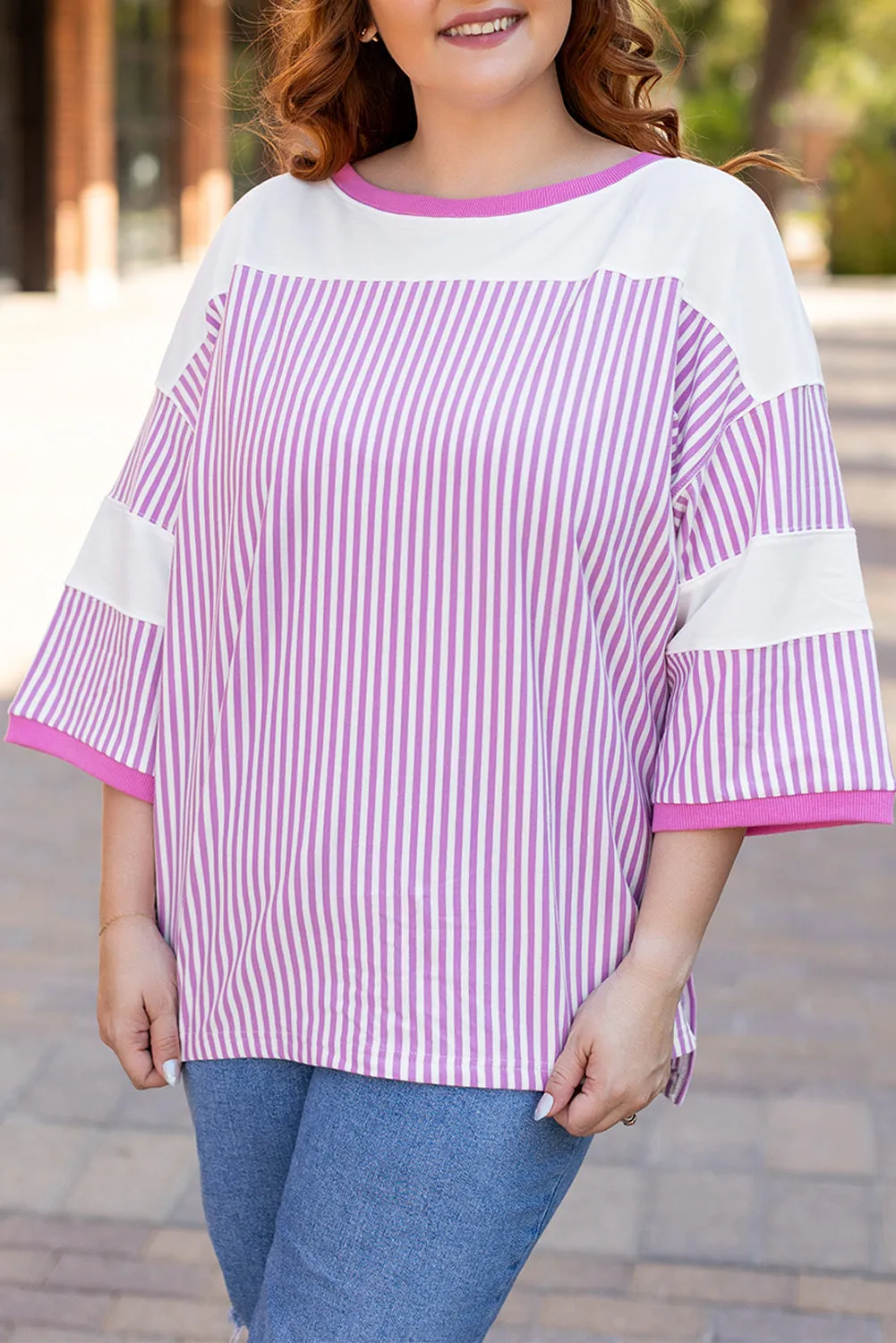 Stripe Bracelet Sleeve Plus Size T Shirt