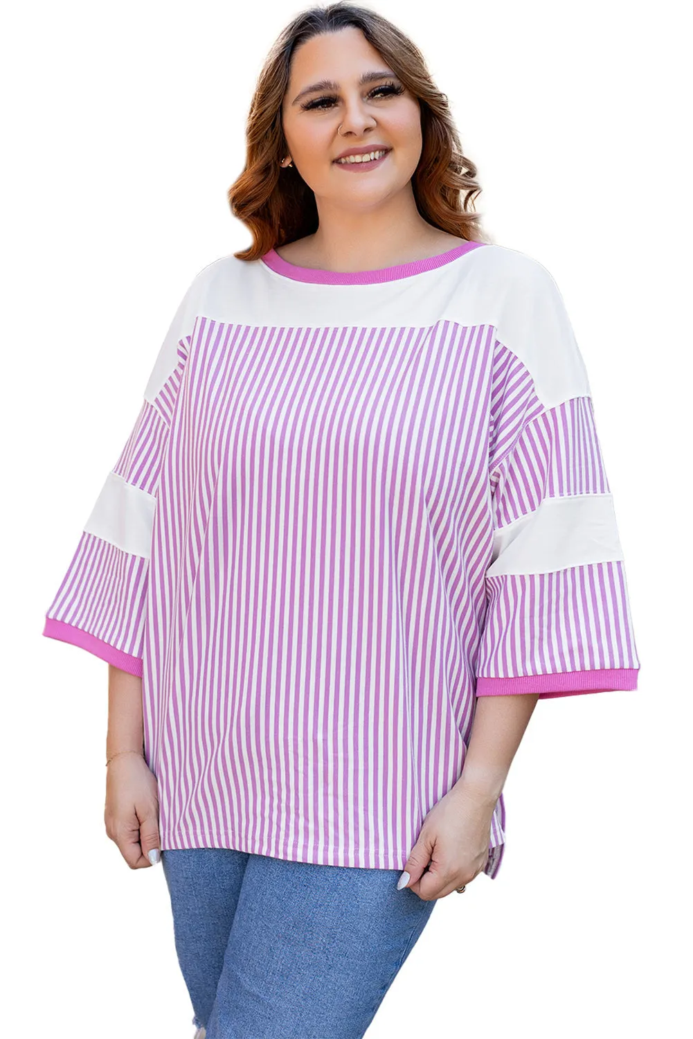 Stripe Bracelet Sleeve Plus Size T Shirt